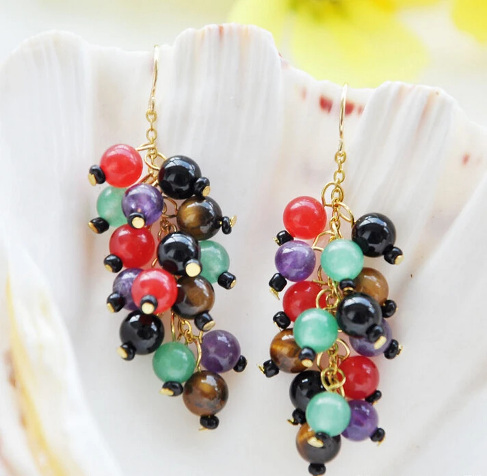 +++ multicolor jade agate tiger's-eye bead grape dangle earring 18K GP style Fine jewe Noble Natural FREE SHIPPING | Украшения и