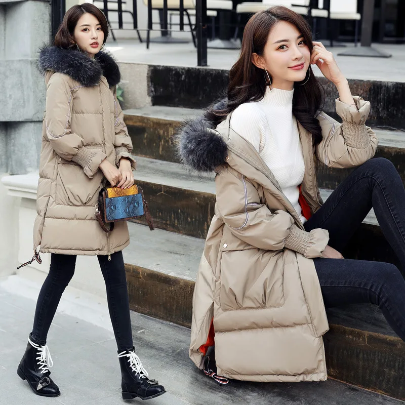 

New Style Warm Cotton Coat Genuine Fur Collar Long Sleeve 2018 Winter Mid-length Slim Fit Korean-style Slimming Casual Large Cot
