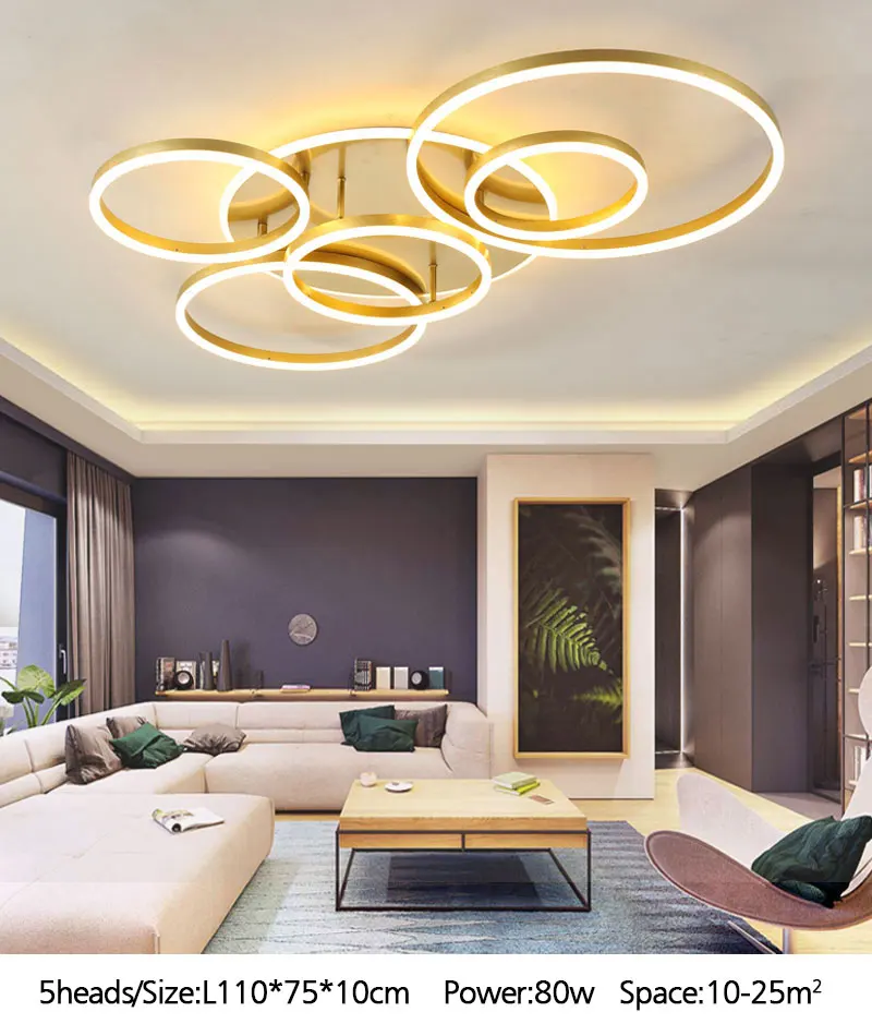 Современный светодиодный потолочный светильник, монтируемый на поверхности, с золотыми и кофейными и белыми кольцами, люстра, потолочный светильник для гостиной, спальни, лампа