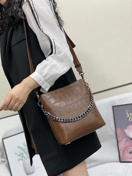 

Leather Handbag 2020 New Fashion Chain Shoulder Bag Crocodile Pattern Messenger Bucket Leather Bag Women