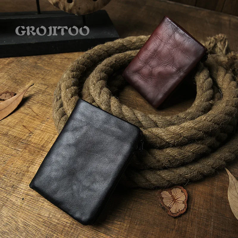 

GROJITOO Handmade men's short wallet genuine leather vertical casual zipper wallet youth personalized soft leather purse