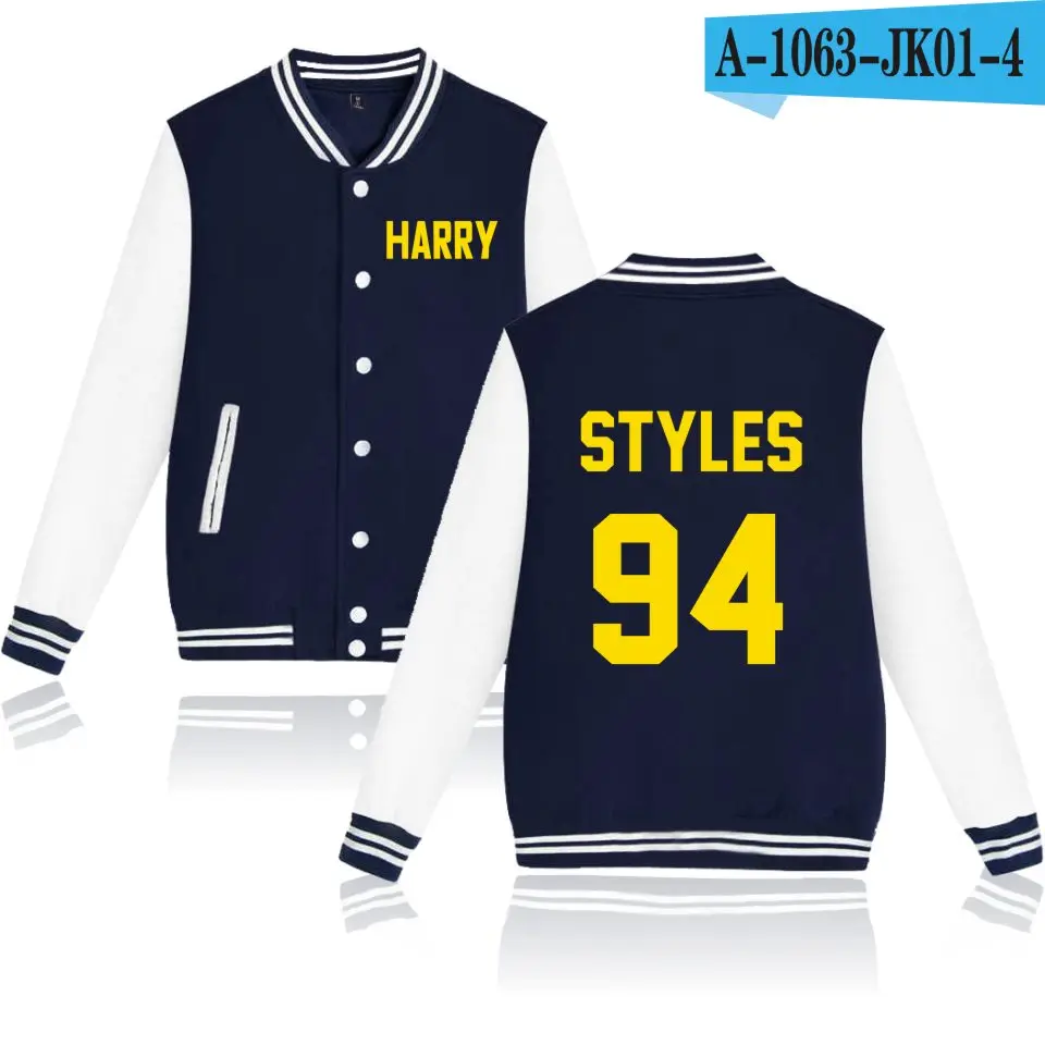 Универсальные бейсбольные куртки LUCKYFRIDAYF One Direction Harry Styles, толстовки для женщин/мужчин, Униформа с принтом на пуговицах, зимняя повседневная верхняя одежда - Цвет: navy blue and white