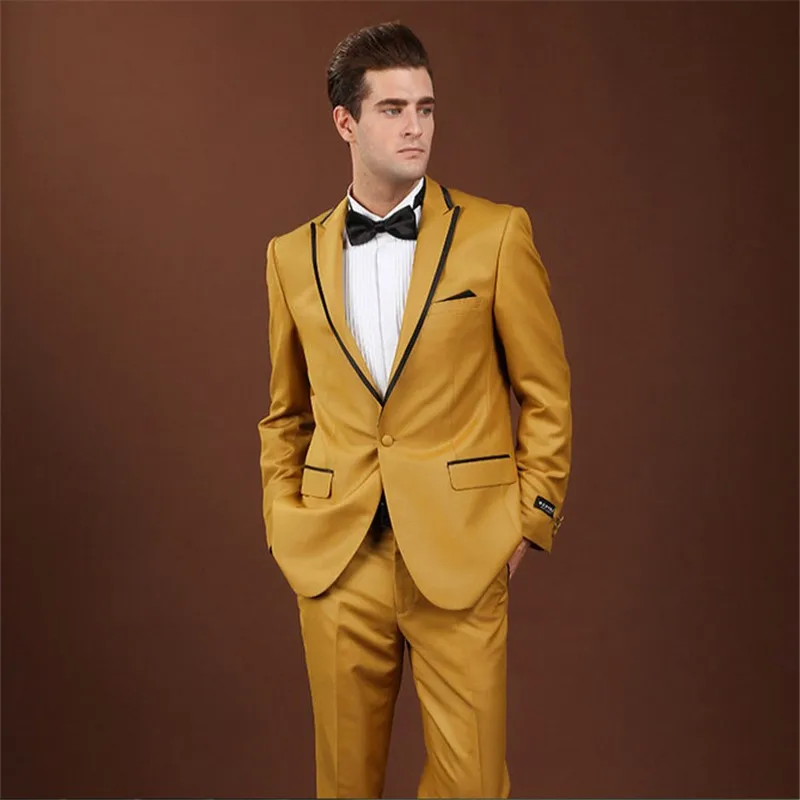 

New Arrival One Button Gold Yellow Groom Tuxedos Groomsmen Men Wedding Prom Costumes Custom Made (Jacket + Pants) 300