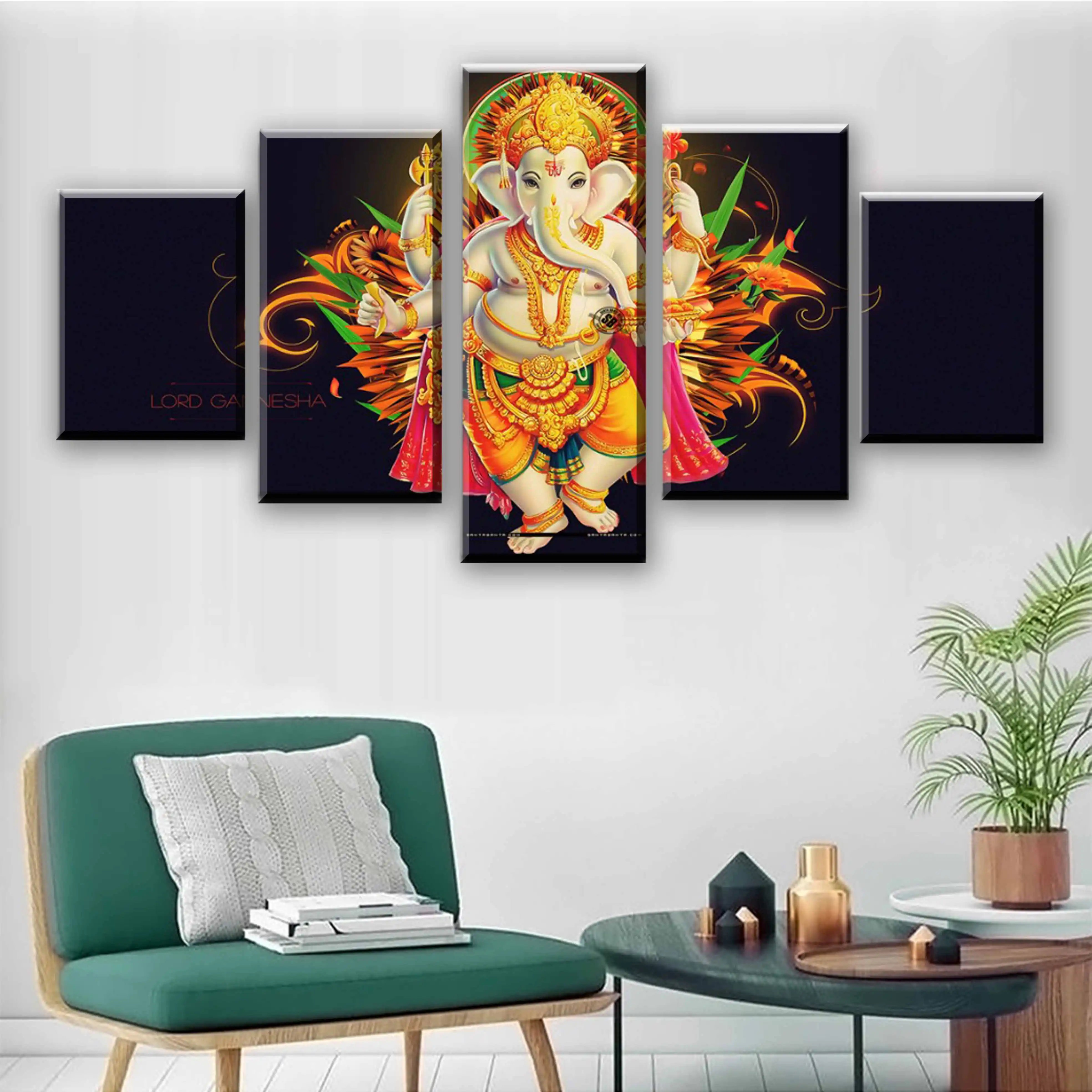 Cuadro 5 Piezas De Lona India Tibetana Ganesha Arte De La Pared