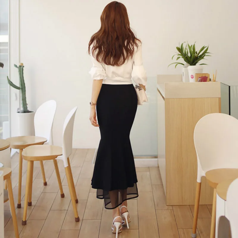 Осенние офисные женские комплекты из двух предметов тканевая блузка с вытачками облегающая длинная юбка-годе пикантные сетчатые макси Длинные костюмы платье