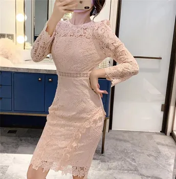 

HAMALIEL New Spring Autumn Hollow Out Party Dress Runway Women Pink Lace Patchwork Mesh 3D Floral Bodycon Pecnil Dress Vestidos