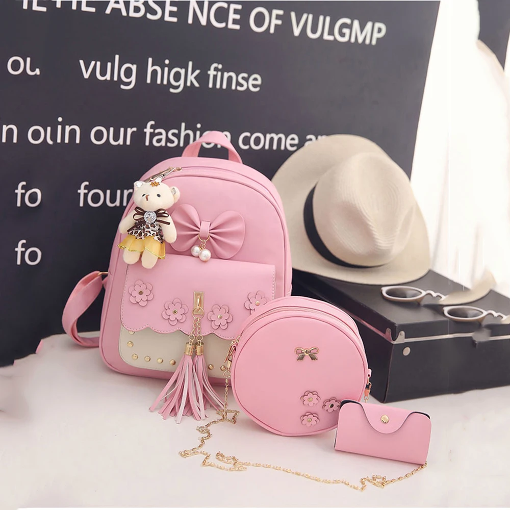 Pink three-piece Школьный рюкзак стильный из искусственной кожи 3 комплекта книжная сумка для девочек с бантом жемчужные заклепки Корейская версия студенческие Модные Повседневные мини-сумки - Цвет: Pink three-piece