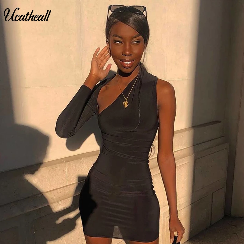 

Hot Women's Bandage Bodycon Long Sleeve Patchwork One Shoulder Evening Party Club Short Elegant Mini Dress