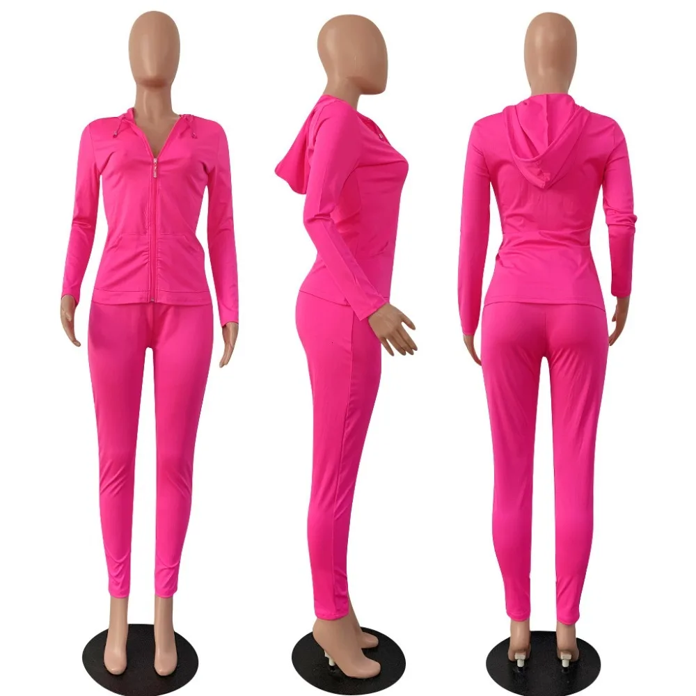 Autumn Women Zipper Up Long Sleeve Hooded Top Pencil Pants Suit Two Piece Set Casual Sporting Tracksuit Neon Green Outfits