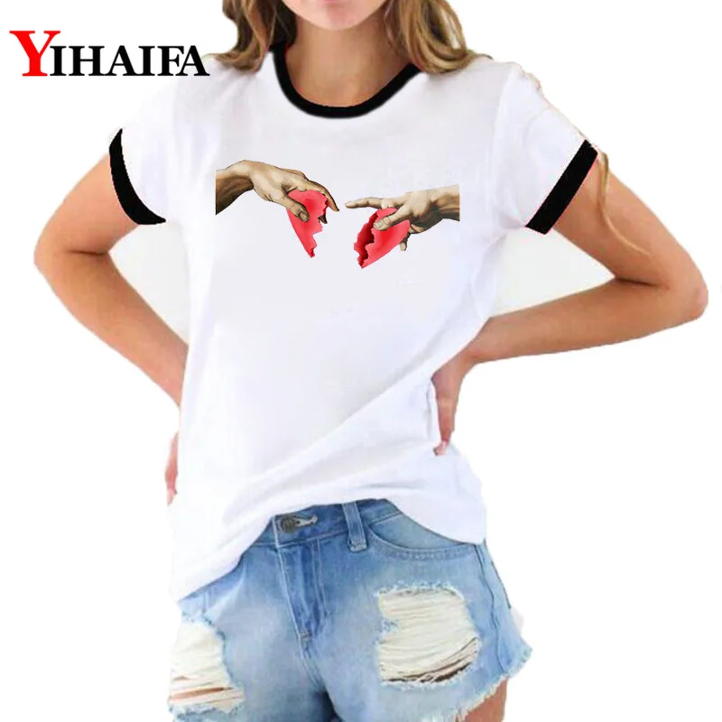 

2019 New Summer Tops Michelangelo T Shirt Ulzzang Hands Heart Printed Women Harajuku Tshirt Graphic T-shirt Woman Clothes