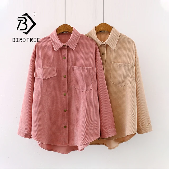 Nowych kobiet jednolita, sztruksowa rękaw w kształcie skrzydła nietoperza bluzka Vintage skręcić w dół kołnierz luźny Top zapinana różowa koszula Feminina Blusa T9D609T