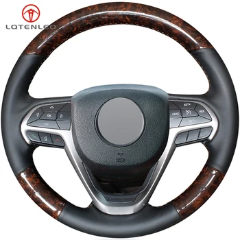 

LQTENLEO Wood Grain Black Genuine Leather DIY Hand-stitched Car Steering Wheel Cover For Jeep Grand Cherokee 2014-2019