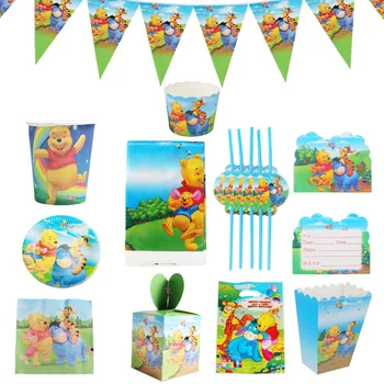 

Disney Pooh Bear Cartoon Children's Happy Birthday Party Decoration Supplies Set Kids Disposable Tableware Cup Plate Candy Box