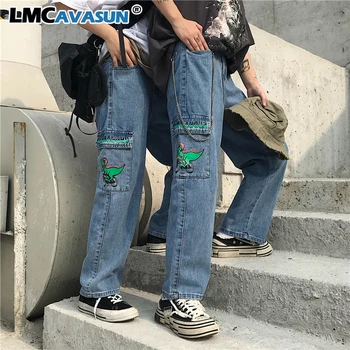 

LMCAVASUN Women Harajuku Cartoon Jeans Cute Dinosaur Jeans Loose High Waist Trousers Cotton Big Pocket Overalls Female Pants