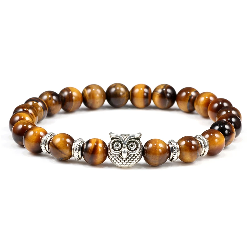 Tiger eye Модный браслет сова, натуральный тигровый глаз и лавовый камень, вулканический камень, бисерные браслеты, браслет для женщин, мужчин, Йога, пара, ювелирное изделие, подарок - Окраска металла: Tiger eye