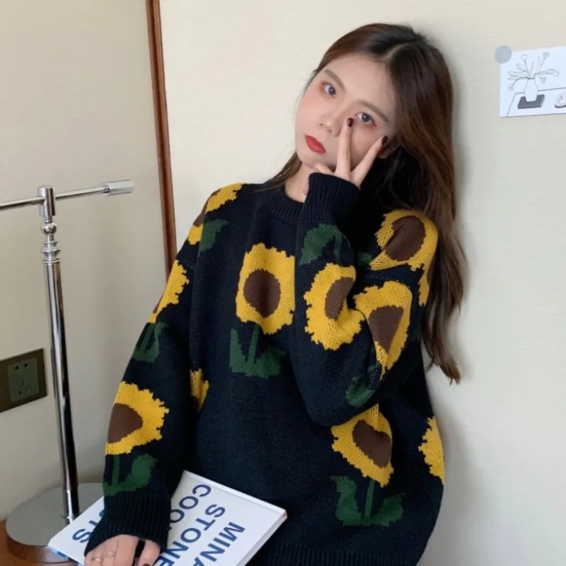 Neploe Свободный пуловер зимняя одежда мода Подсолнух жаккард о-образный вырез длинный рукав пуловер свитер вязаный джемпер Pull Femme 48317