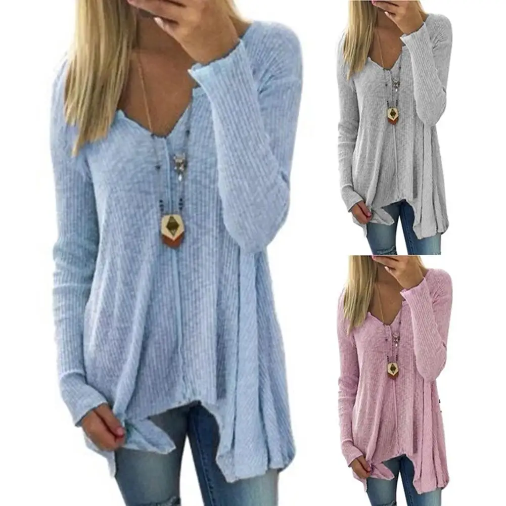 

Casual Women Solid Color V Neck Irregular Hem Knitwear Loose Pullover Sweater