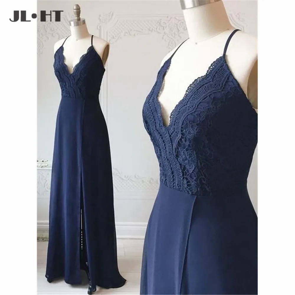 

Wholesale Price Navy Blue Evening Dresses Long Prom Gown Spaghetti Straps V-Neck Chiffon Prom Dress Evening Gowns