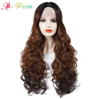 

X-TRESS 24inch Ombre Brown Wave Synthetic Wigs For White Women Middle Part Lace Front Long Wigs Heat Resistant Cosplay Wigs