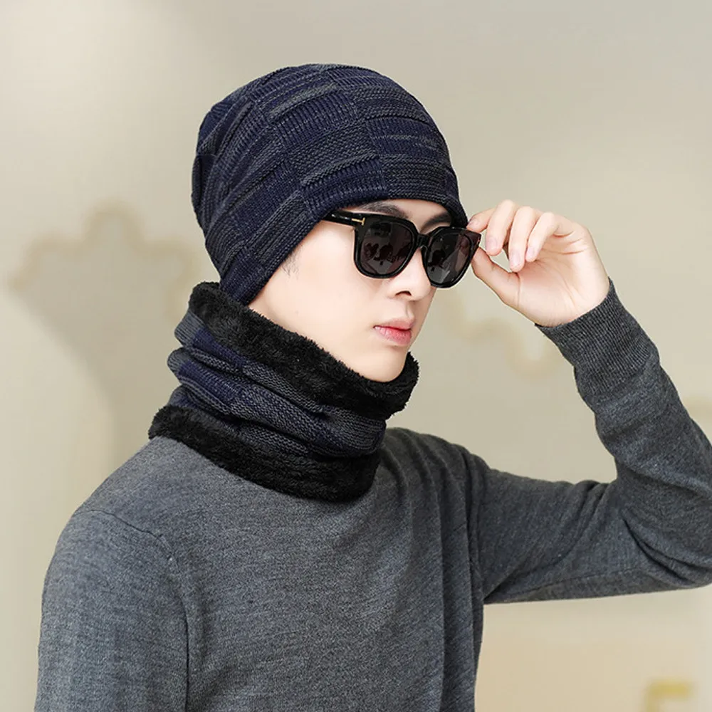 2 шт., зимняя теплая шапка, шарф, набор для мужчин, Skullies Beanies, плюс бархат, толстая зимняя шапка, шарф, вязаная шапка, шапочка унисекс