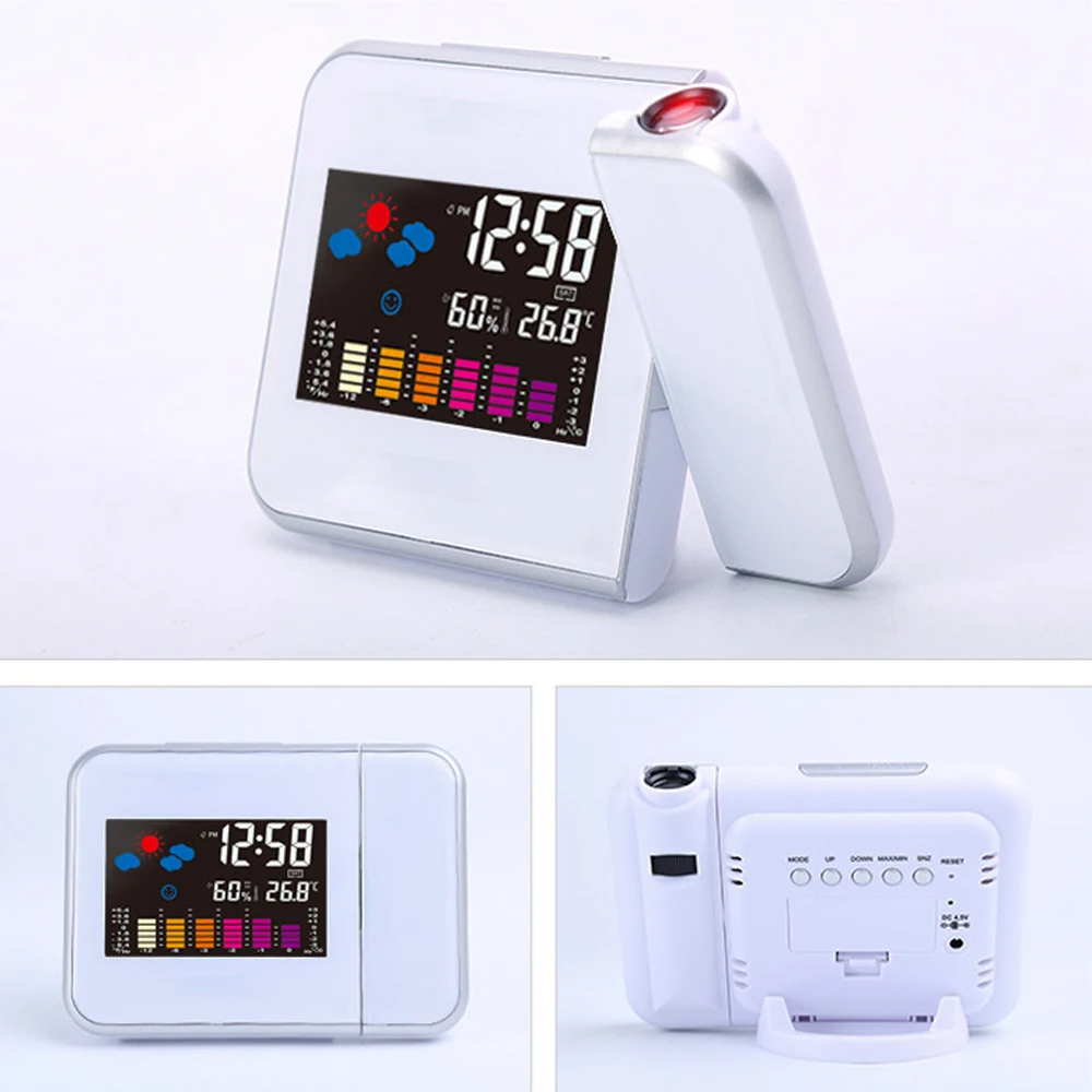 Красочный светодиодный проектор часы цифровой дисплей термометр USB зарядное устройство Повтор Настольные часы проектор времени Многофункциональный светодиодный часы - Цвет: Белый