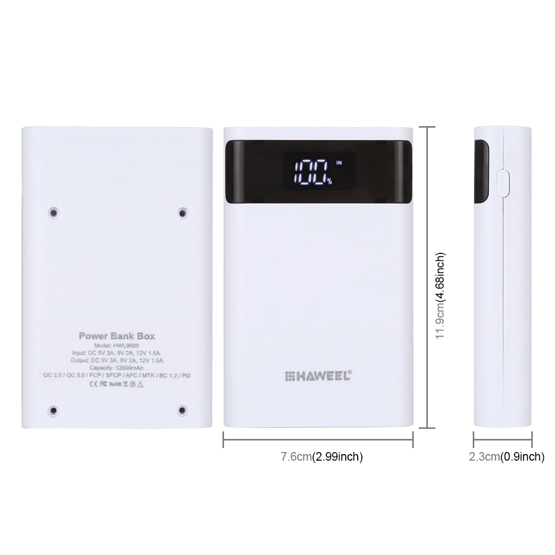 HAWEEL Power Bank Shell Box DIY 4x 18650 Battery (Not Included) 12000mAh Dual-way QC Charger with 2x USB Output & Display