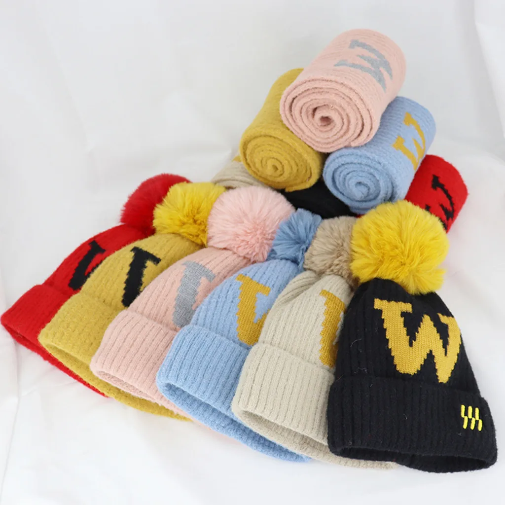 Вязанная детская шапка, зимняя детская шапка с буквенным принтом, зимняя теплая шапка, детская шапочка и шарф, комплект, шапка для девочки 15