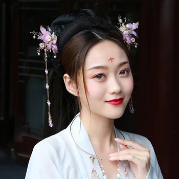 

1pcs Costume Retro Sweet Hairpin Chinese Hanfu Silk Butterfly Headdress Flowers Shape Long Tassels Step Shake Hair Accessories