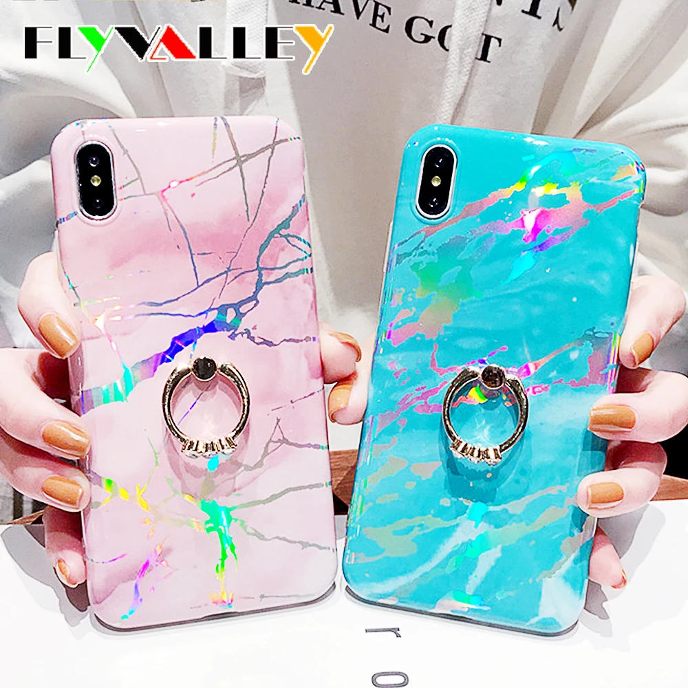 

FLYVALLEY Ring Holder Laser Marble Phone Case For iPhone 11 Pro Max 6 6S 7 8 Plus XR XS Max X Case Soft IMD Silicone Cover Coque