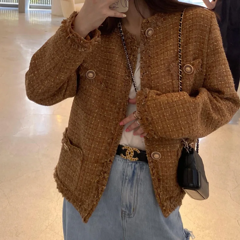 

High Quality 2020 Autumn Winter Runway Designer Vintage Women Tweed Jackets Coat Long Sleeve Button Slim Korean Woolen Outwear