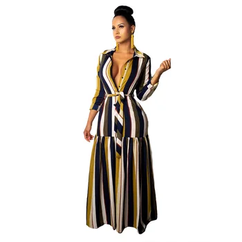 

Spring Autumn Women Dress Striped Long Sleeve Turn Down Collar Maxi Shirt Dress Sashes Sexy Party Club Dresses Vestidos