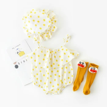 

2020 New 2 PICS Baby Girls Clothes Summer Sunsuit Dot Printed Princess Rompers+Sun Hat Brief Set Infant Outfit Jumpsuit Clothes