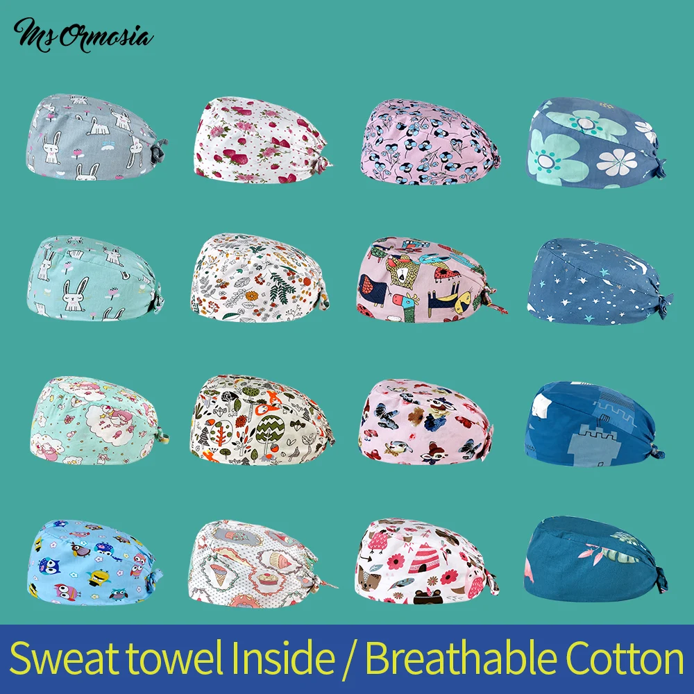 

Multicolor Breathable spa scrub hat adjustable unisex Cartoon printing caps pet store working hat Adjustable Scrub cap wholesale