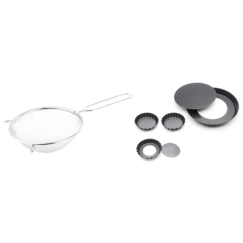 Kitchen Flour Colander Sifter Sieve Oil Mesh Wire Strainer 16cm Dia with Set of 4 Quiche Pan Mini Tart |