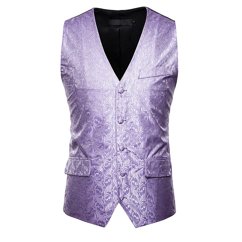 Пейсли цветок костюм в стиле стимпанк жилет для мужчин классический v-образный вырез приталенный однобортный фланелевый жилет для мужчин s брак жилет Homme - Цвет: Фиолетовый