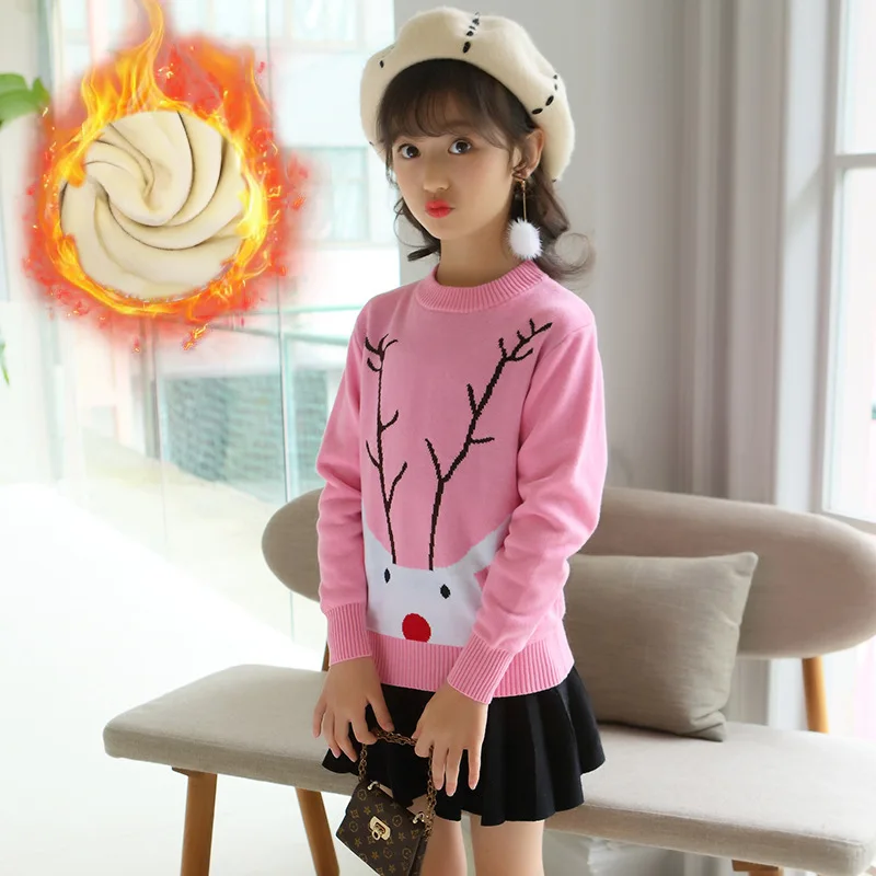 

2019 Autumn And Winter New Style Girls plus Velvet Child Big Boy Sweater Pure Cotton Cartoon Sweater Thick Children Sweater Fash