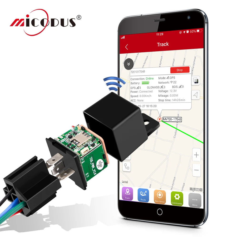 Мини GPS трекер автомобильный Micodus MV720 реле скрытый дизайн отключение топлива