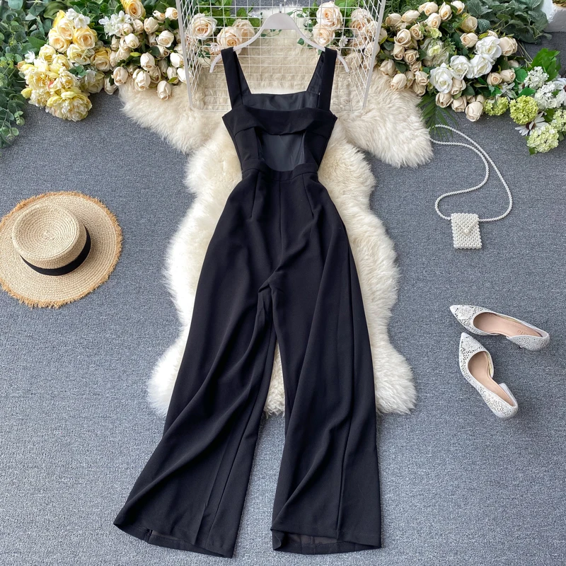 Женские комбинезоны с высокой талией черные и открытой спиной элегантные летние