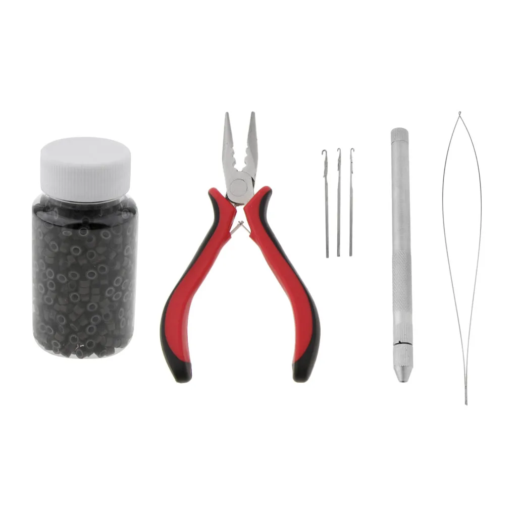 Hair Extension Feather Pliers Pulling Tool Hook Micro Rings Beads Loops Kit