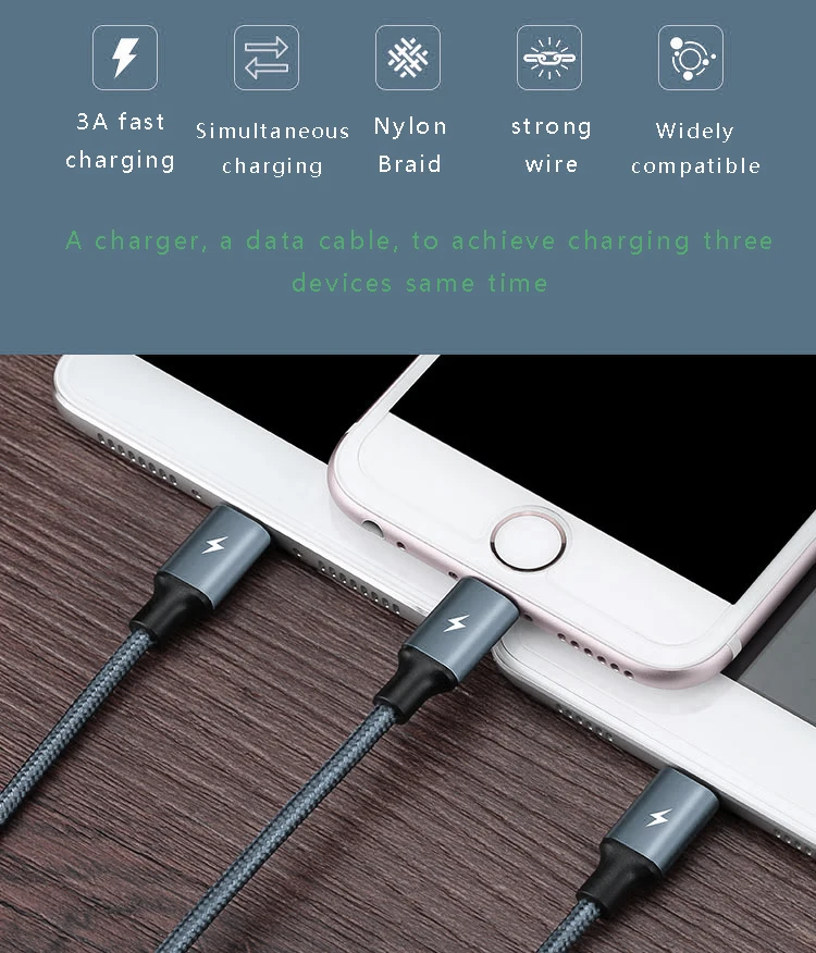 USB быстрая зарядка кабели Нейлоновый Шнур Универсальный USB один для трех кабель для Micro usb type C IPhone 8X7 11 6S Plus samsung