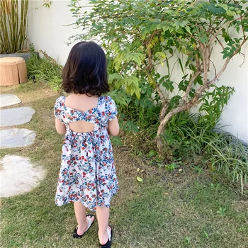 

Baby Girls Dress 2020 New Summer Baby Girls Clothes Brand Dress Kids Cotton Flower Printed Short Sleeve Backless Cross Dresses