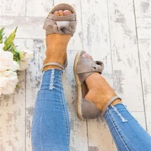 

Women Bowknot Sewing Hemp Sandals Woman Peep Toe Buckle Flats 2021 Ladies Summer Beach Female Solid Ankle Strap Shoes Plus Size