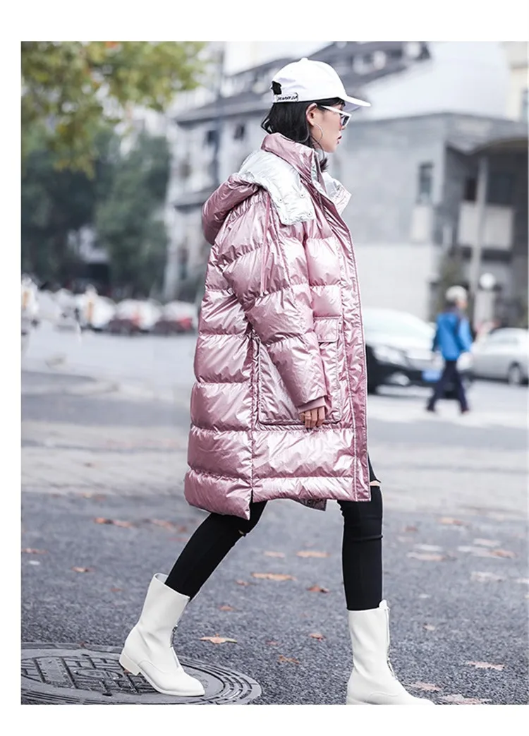 Глянцевое зимнее пальто для женщин с капюшоном длинное пальто свободный пуховик хлопковая куртка Женская парка Толстая теплая верхняя