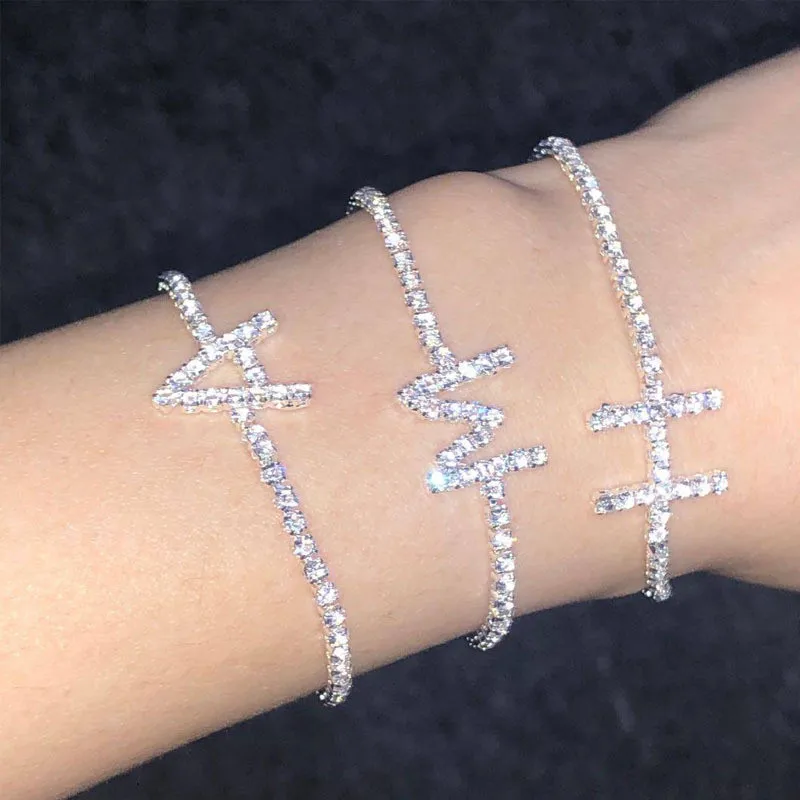 Cubic Zirconia Initial Letter Bracelets Iced Out Chain Bracelet A D E F G H I J K L M N O P Q R S T U V W X Y Z Crystal Jewelry | Украшения