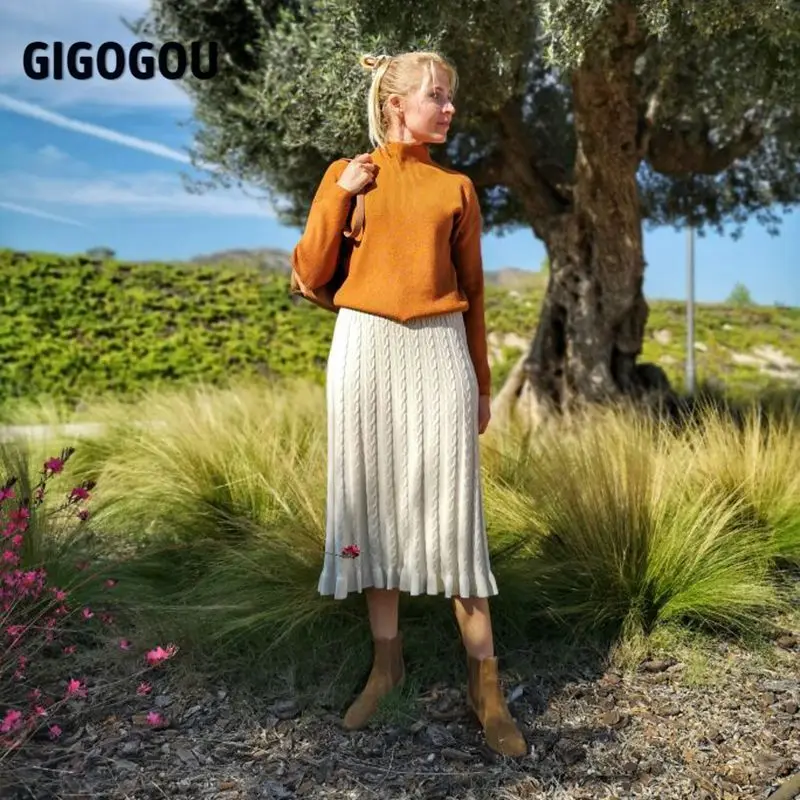 Женская трикотажная Юбка миди GIGOGOU теплая плотная фатиновая юбка с высоким