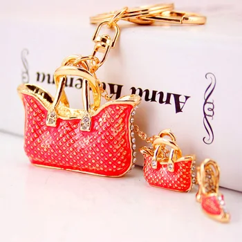 

Creative cute 5 color ladies handbag keychain artificial rhinestone three-piece shape keychain metal pendant craft gift