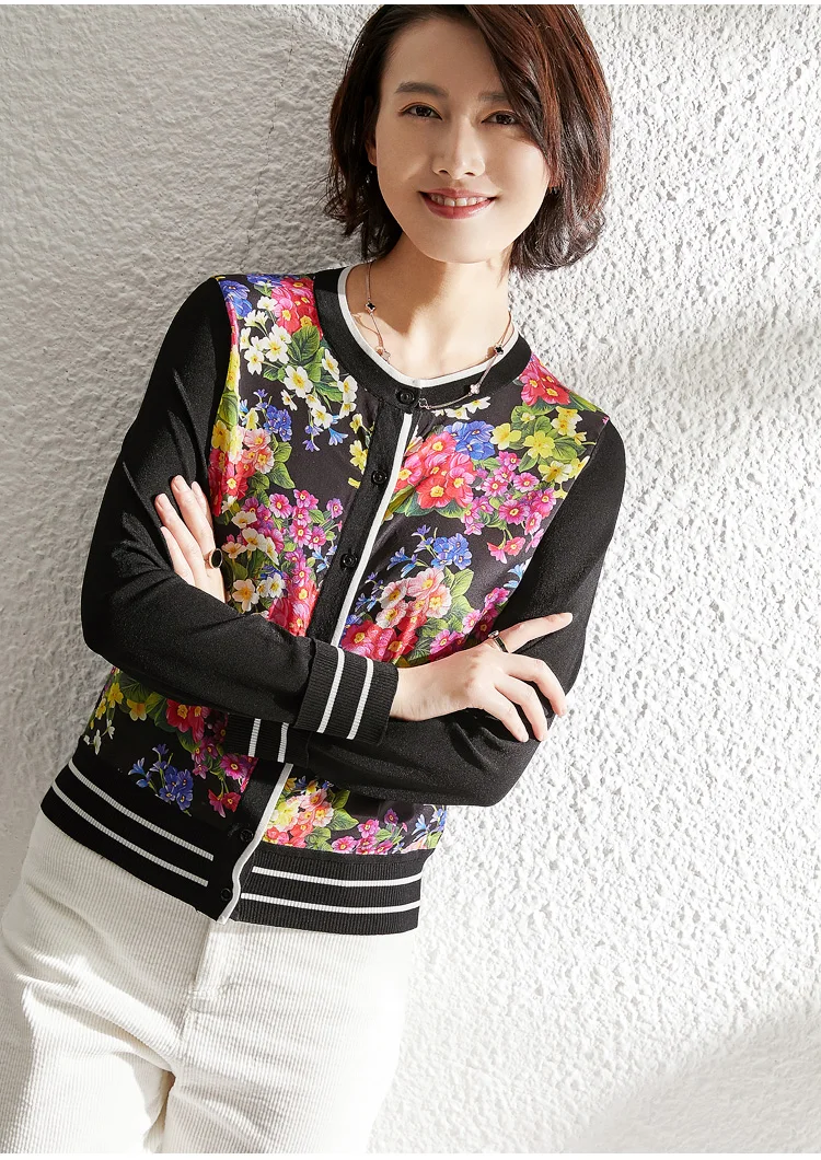 

Floral Print Silk Cardigan Women Sweaters Fashion Cute Knit Sweater Spring Black Coats White Ladies Tops Blue Casual za Clothes