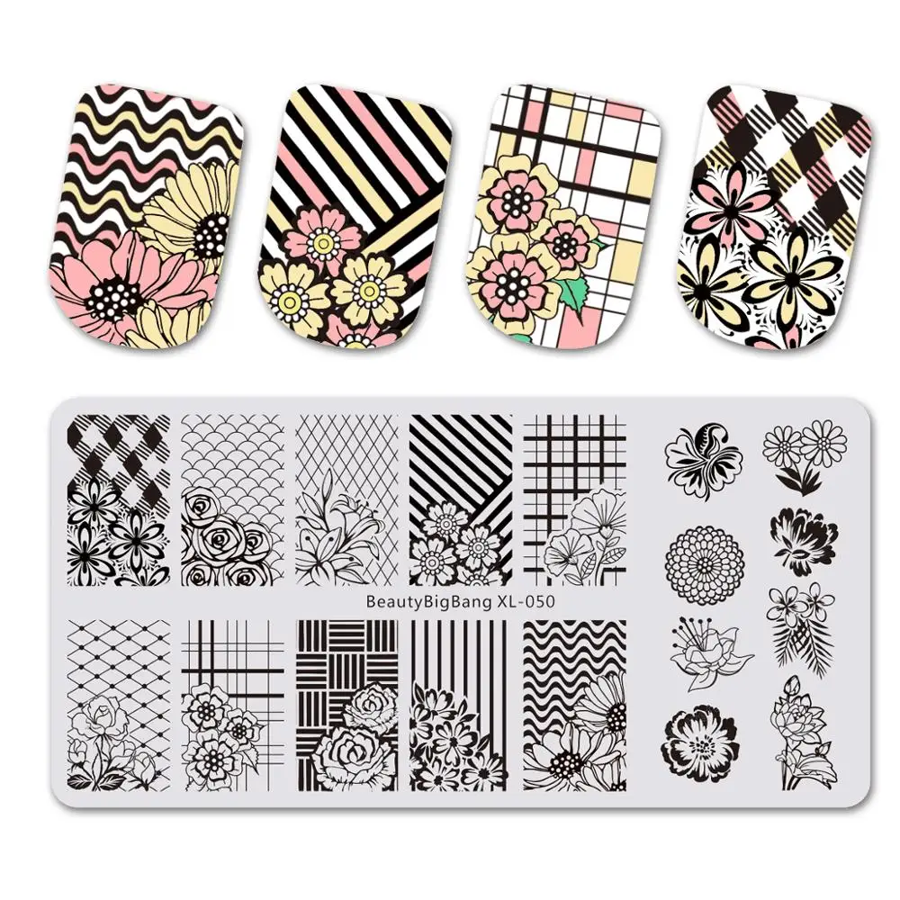

BEAUTYBIGBANG Nail Stamping Plates Rectangle Nail Stamping Plates Flower Grid Plaid Geometric Image Print Stencil Nail Templates