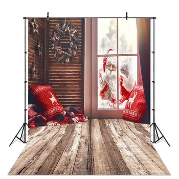 

Indoor Christmas Photography Backdrops Wood Floor Window Santa Claus Backdrop for Photo Studio Child Portrait Background
