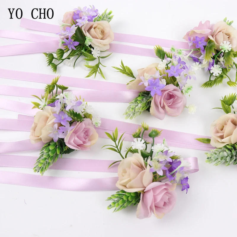 Yo Cho Champagne Viola Fiore All'Occhiello Da Sposa Polso Corsage Fiori Groomsmen Wedding Boutonnieres Uomini Spilla Spilli Artificiale Rosa